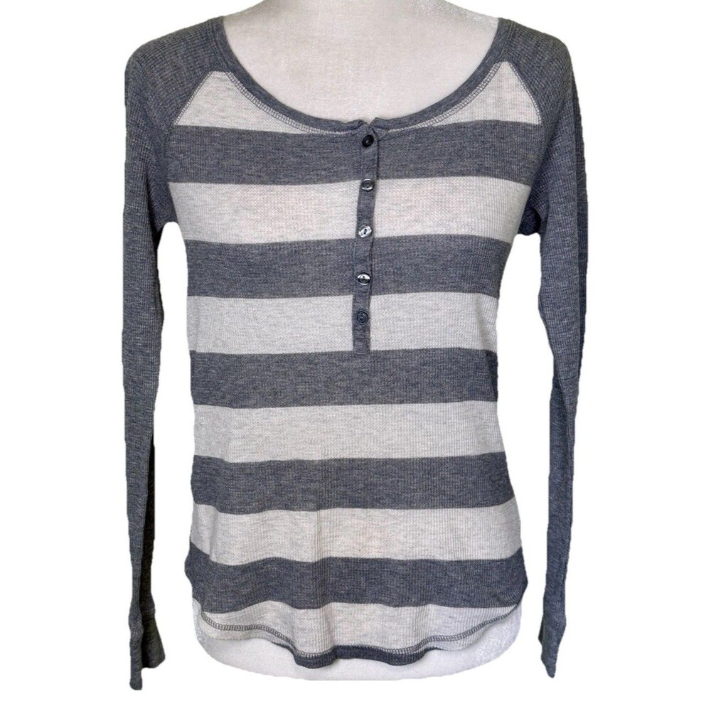 So Women Striped Henley Top Minimalist Thermal Waffle Knit Casual Layering Top L